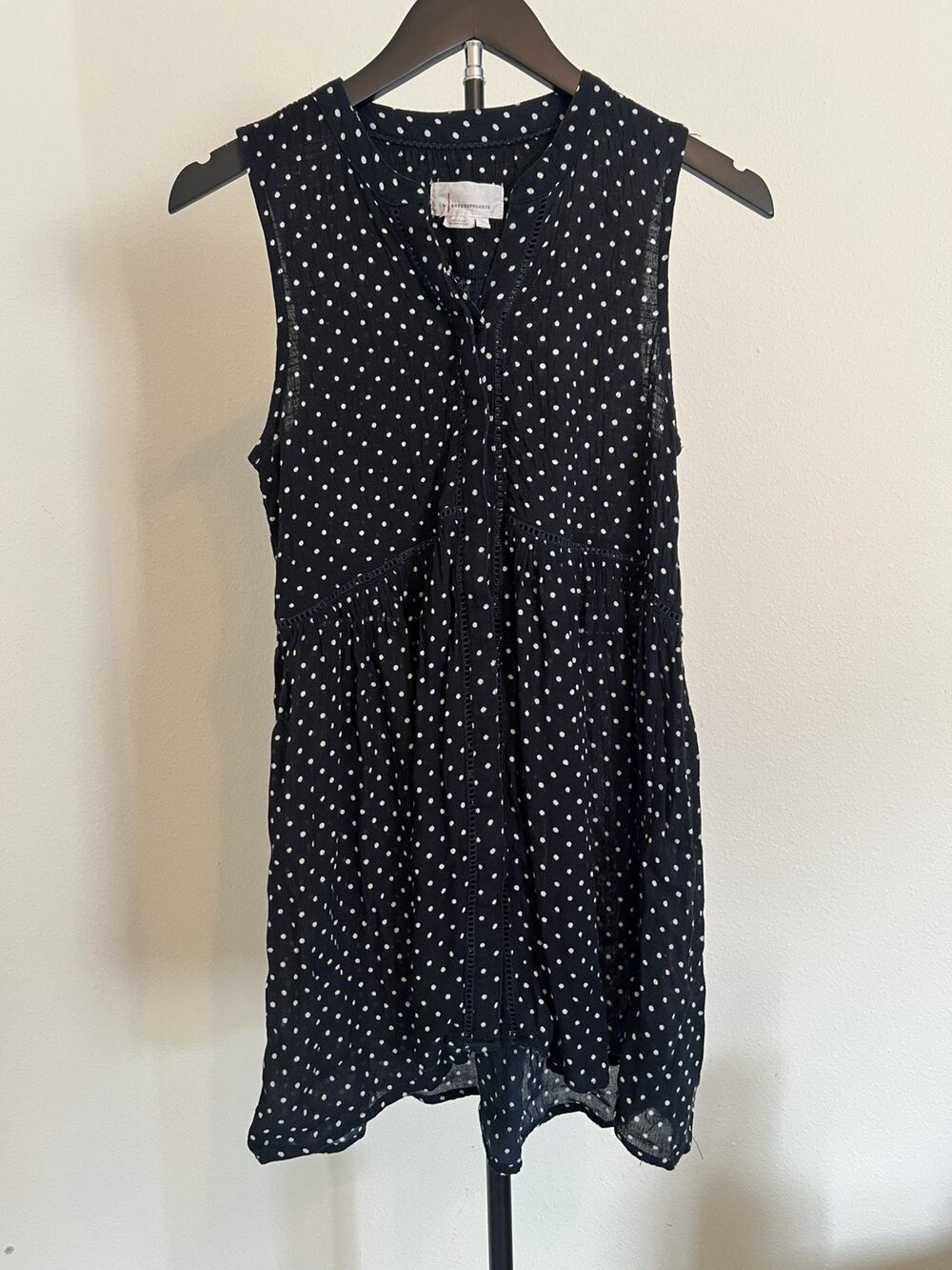 Anthropologie Tank Top Womens XS Black Polka Dot Babydoll Classic Preppy